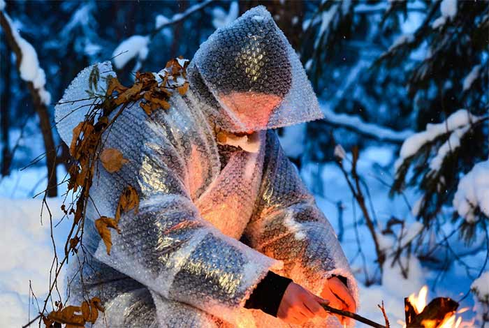 ترفند ۲: عایق حرارتی با پلاستیک حباب‌دار و برگ خشک