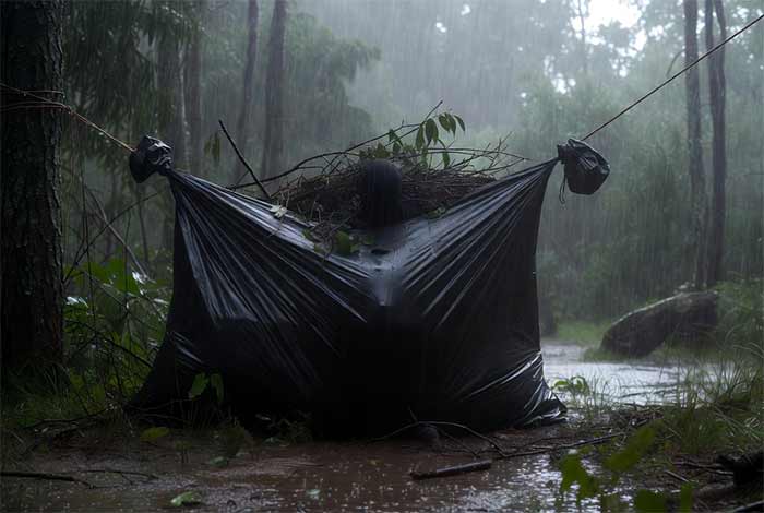 ترفند ۳: پناهگاه سریع با کیسه زباله و طناب